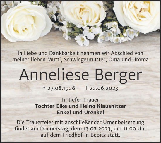 Traueranzeige von Anneliese Berger von Trauerkombi Bernburg