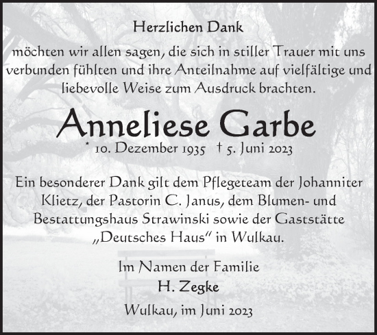 Traueranzeige von Anneliese Garbe von Volksstimme Altmark Ost