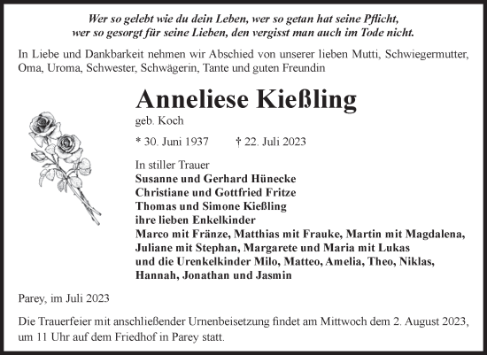 Traueranzeige von Anneliese Kießling von Volksstimme Burg/Genthin
