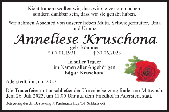 Traueranzeige von Anneliese Kruschona von Volksstimme Halberstadt