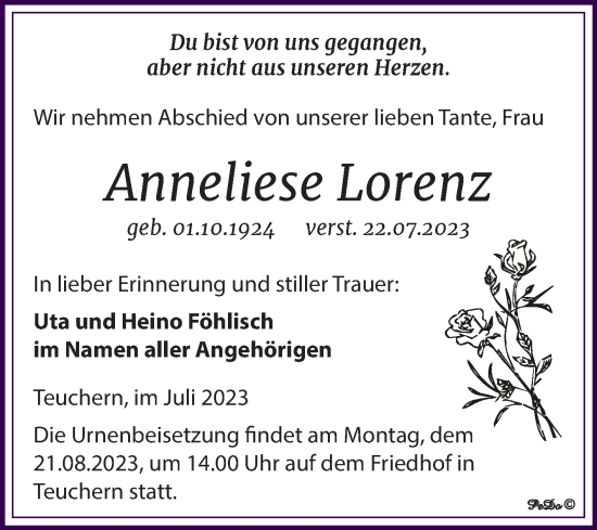 Traueranzeige von Anneliese Lorenz von Trauerkombi Weißenfels