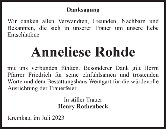 Traueranzeige von Anneliese Rohde von Volksstimme Altmark Ost
