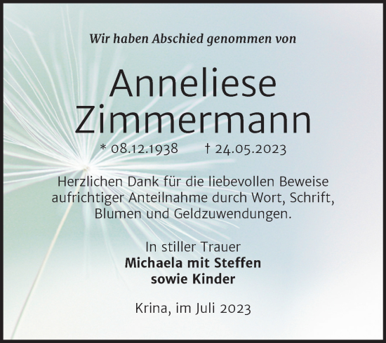 Traueranzeige von Anneliese Zimmermann von Trauerkombi Bitterfeld