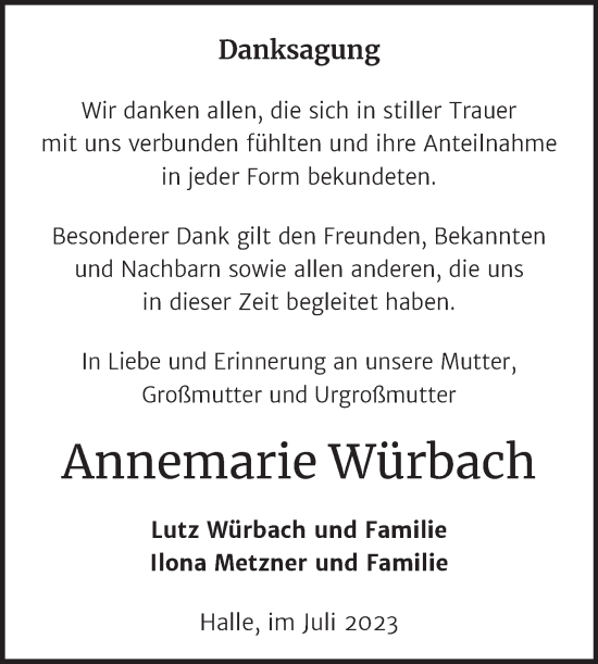 Traueranzeige von Annemarie Würbach von Mitteldeutsche Zeitung Halle/Saalkreis