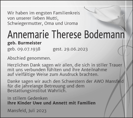 Traueranzeige von Annemarie Therese Bodemann von Trauerkombi Mansfelder Land