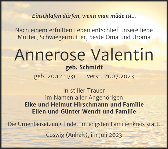 Traueranzeige von Annerose Valentin von Trauerkombi Wittenberg