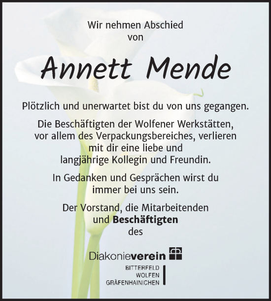 Traueranzeige von Annett Mende von Wochenspiegel Bitterfeld