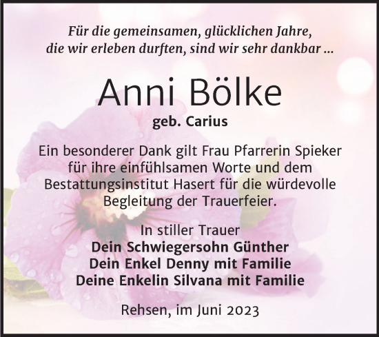 Traueranzeige von Anni Bölke von Trauerkombi Wittenberg