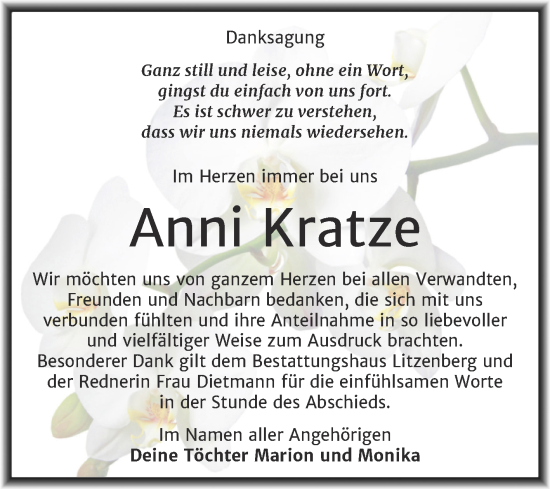 Traueranzeige von Anni Kratze von Trauerkombi Mansfelder Land