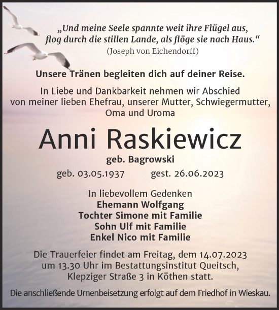 Traueranzeige von Anni Raskiewicz von Trauerkombi Köthen