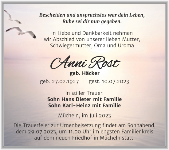 Traueranzeige von Anni Rost von Trauerkombi Merseburg