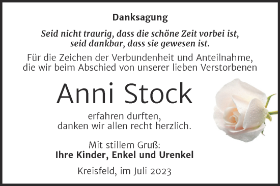 Traueranzeige von Anni Stock von Trauerkombi Mansfelder Land