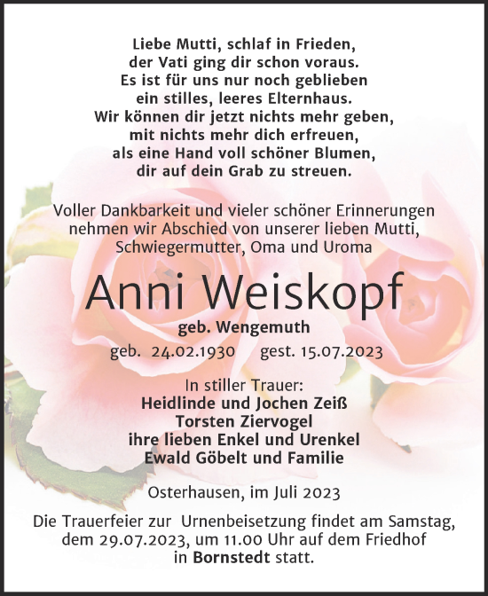 Traueranzeige von Anni Weiskopf von Trauerkombi Mansfelder Land