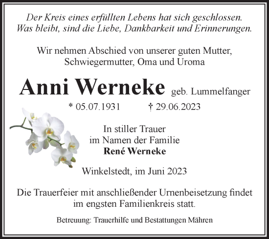 Traueranzeige von Anni Werneke von Volksstimme Altmark West