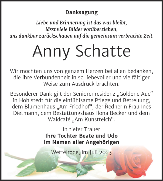 Traueranzeige von Anny Schatte von Trauerkombi Sangerhausen