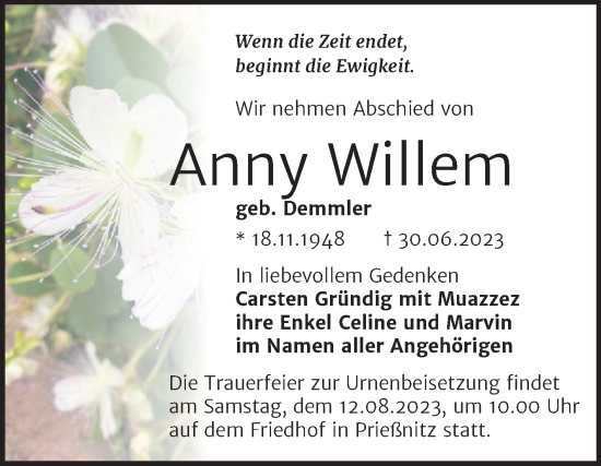 Traueranzeige von Anny Willem von Naumburger Tageblatt