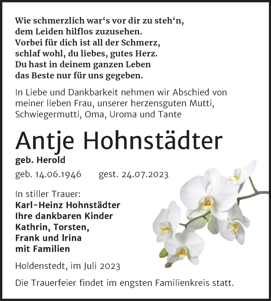  Traueranzeige für Antje Hohnstädter vom 28.07.2023 aus Mitteldeutsche Zeitung Sangerhausen