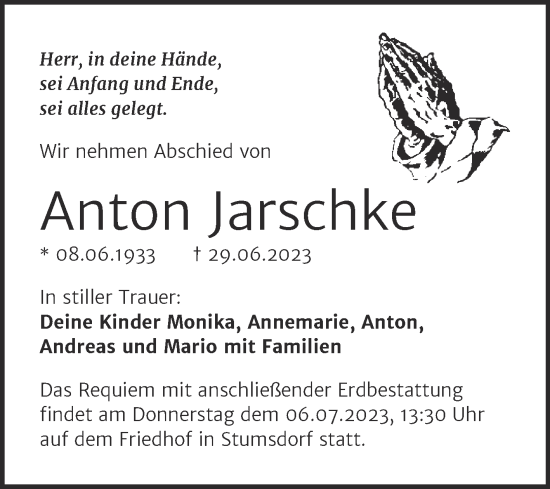 Traueranzeige von Anton Jarschke von Trauerkombi Bitterfeld