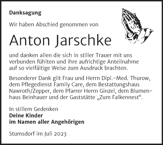 Traueranzeige von Anton Jarschke von Trauerkombi Bitterfeld