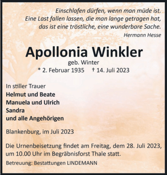 Traueranzeige von Apollonia Winkler von Volksstimme Wernigerode