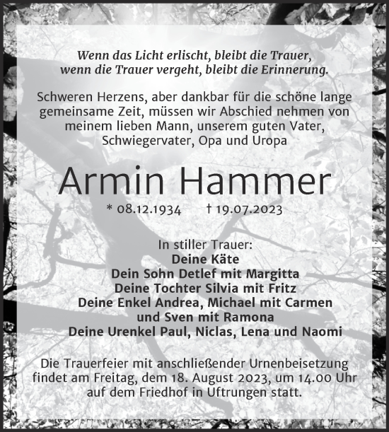 Traueranzeige von Armin Hammer von Mitteldeutsche Zeitung Halle/Saalkreis