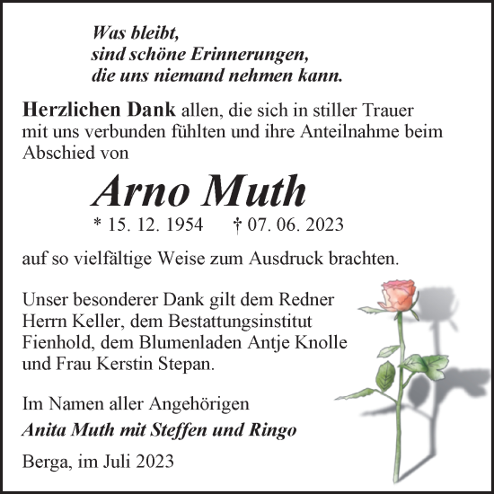 Traueranzeige von Arno Muth von Trauerkombi Sangerhausen