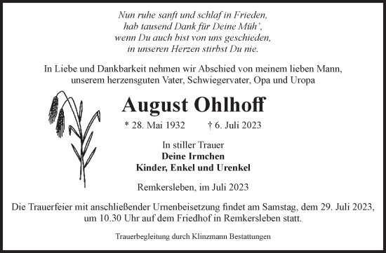 Traueranzeige von August Ohlhoff von Volksstimme Oschersleben/Wanzleben