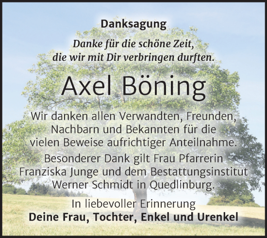 Traueranzeige von Axel Böning von Trauerkombi Quedlinburg