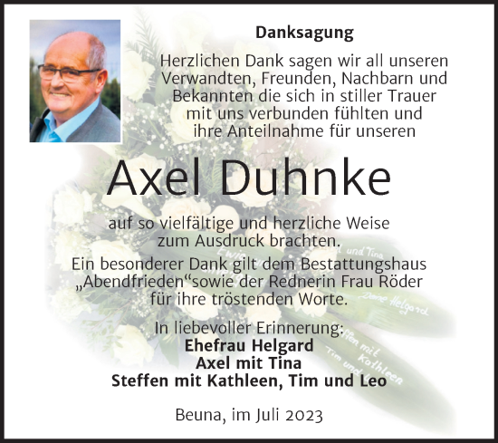 Traueranzeige von Axel Duhnke von Trauerkombi Merseburg