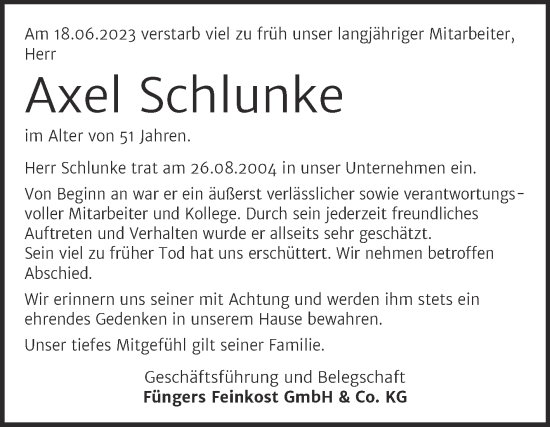 Traueranzeige von Axel Schlunke von Super Sonntag Dessau-Roßlau