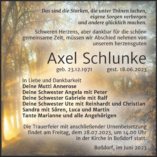 Traueranzeige von Axel Schlunke von Trauerkombi Wittenberg
