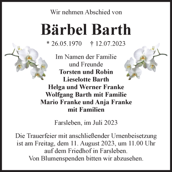 Traueranzeige von Bärbel Barth von Volksstimme Haldensleben/Wolmirstedt