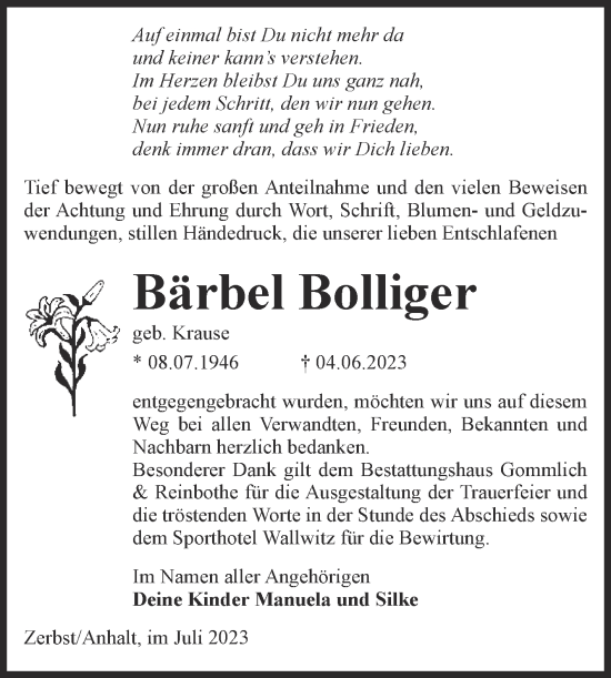 Traueranzeige von Bärbel Bolliger von Volksstimme Zerbst