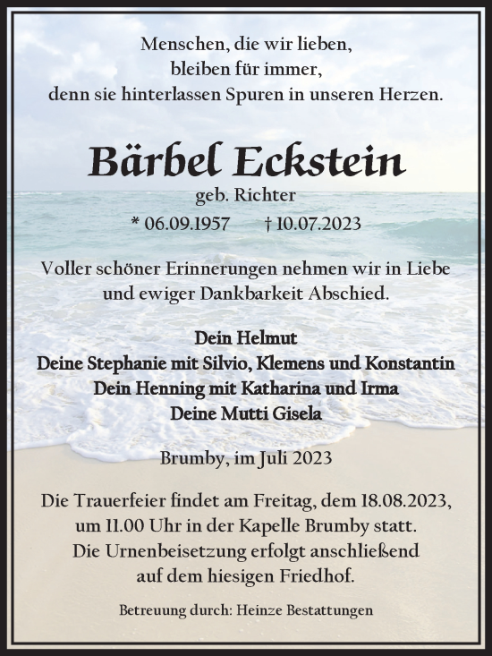 Traueranzeige von Bärbel Eckstein von Volksstimme Schönebeck