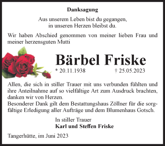 Traueranzeige von Bärbel Friske von Volksstimme Altmark Ost