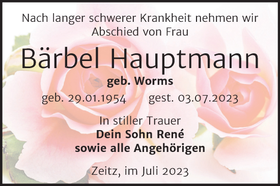 Traueranzeige von Bärbel Hauptmann von Trauerkombi Zeitz