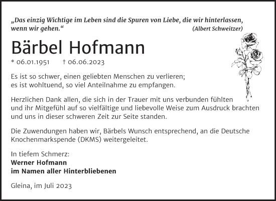 Traueranzeige von Bärbel Hofmann von Wochenspiegel Naumburg/Nebra