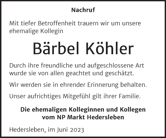Traueranzeige von Bärbel Köhler von Super Sonntag Quedlingburg