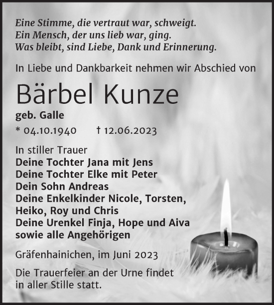 Traueranzeige von Bärbel Kunze von Trauerkombi Wittenberg