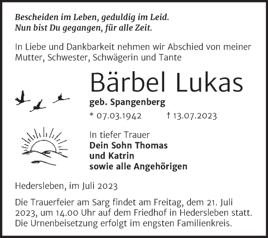 Traueranzeige von Bärbel Lukas von Mitteldeutsche Zeitung Quedlingburg