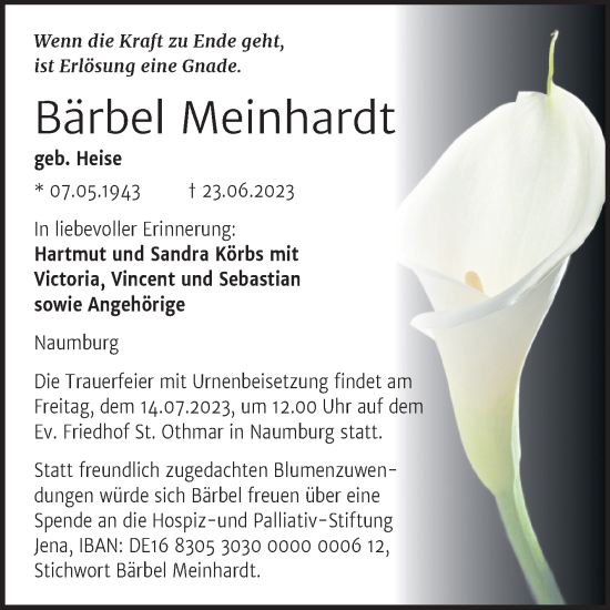 Traueranzeige von Bärbel Meinhardt von Naumburger Tageblatt
