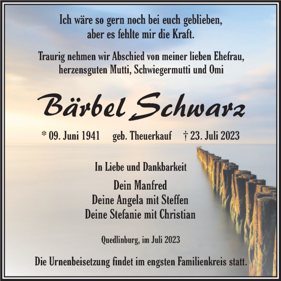 Traueranzeige von Bärbel Schwarz von Trauerkombi Quedlinburg