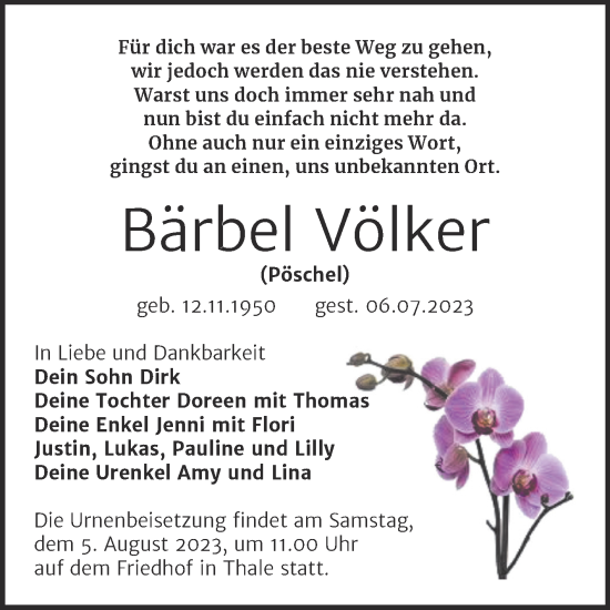 Traueranzeige von Bärbel Völker von Trauerkombi Quedlinburg