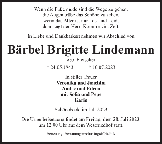 Traueranzeige von Bärbel Brigitte Lindemann von Volksstimme Schönebeck
