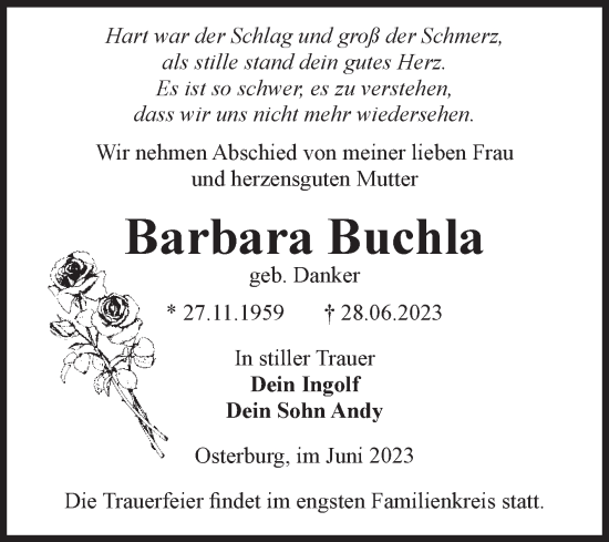 Traueranzeige von Barbara Buchla von Volksstimme Altmark Ost