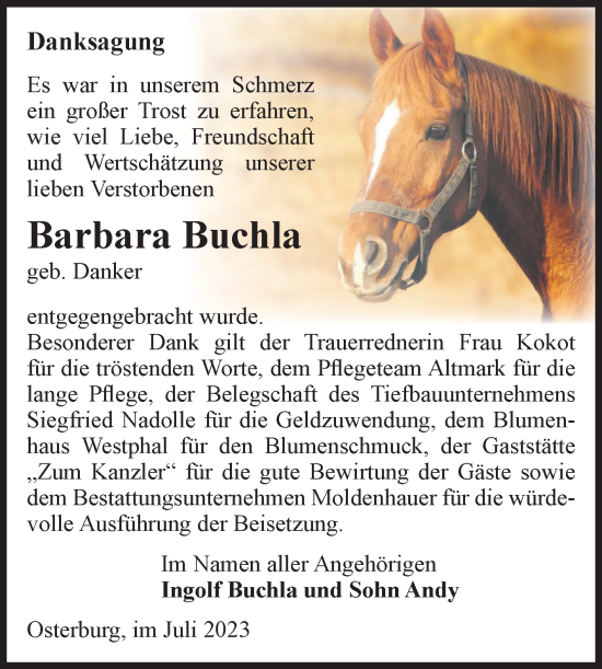 Traueranzeige von Barbara Buchla von Volksstimme Altmark Ost
