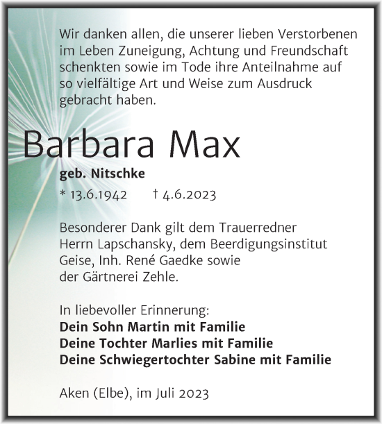 Traueranzeige von Barbara Max von Trauerkombi Köthen