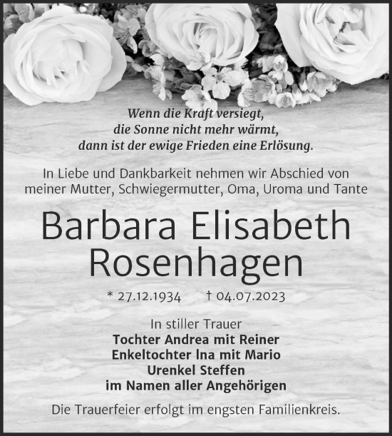Traueranzeige von Barbara Elisabeth Rosenhagen von Trauerkombi Bernburg