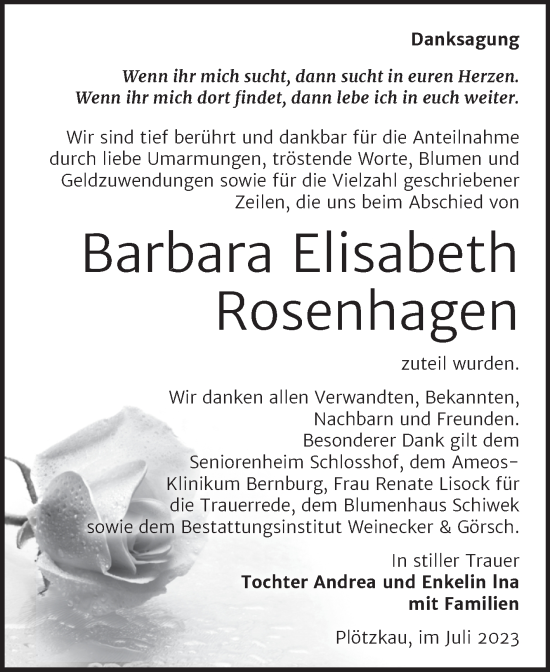 Traueranzeige von Barbara Elisabeth Rosenhagen von Trauerkombi Bernburg