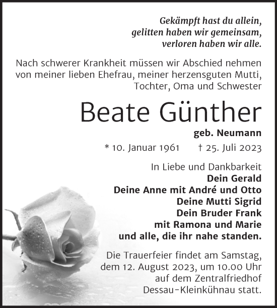 Traueranzeige von Beate Günther von Trauerkombi Dessau